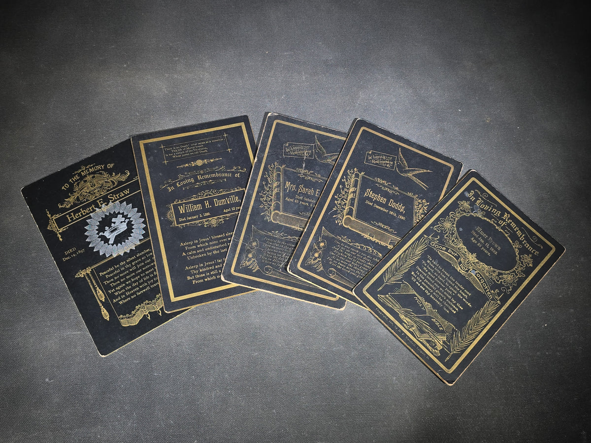 Grouping of Five Antique Funeral Remembrance Cards with Gold Printing including Herbert F. Straw, William H. Dumville, Mrs. Sarah E. Burke, Stephen Dodds, and Elmer Brown, 1889-1899