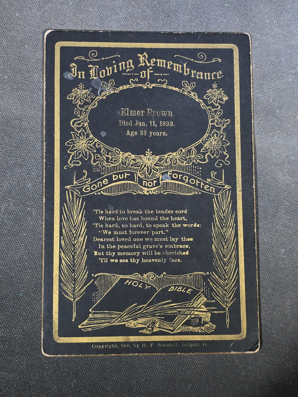 Grouping of Five Antique Funeral Remembrance Cards with Gold Printing including Herbert F. Straw, William H. Dumville, Mrs. Sarah E. Burke, Stephen Dodds, and Elmer Brown, 1889-1899