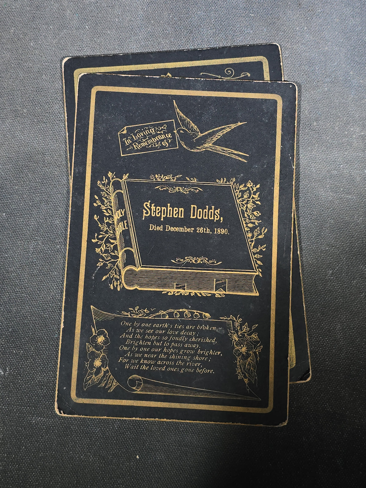 Grouping of Five Antique Funeral Remembrance Cards with Gold Printing including Herbert F. Straw, William H. Dumville, Mrs. Sarah E. Burke, Stephen Dodds, and Elmer Brown, 1889-1899