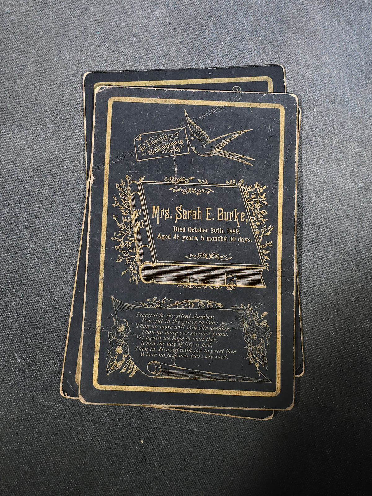 Grouping of Five Antique Funeral Remembrance Cards with Gold Printing including Herbert F. Straw, William H. Dumville, Mrs. Sarah E. Burke, Stephen Dodds, and Elmer Brown, 1889-1899