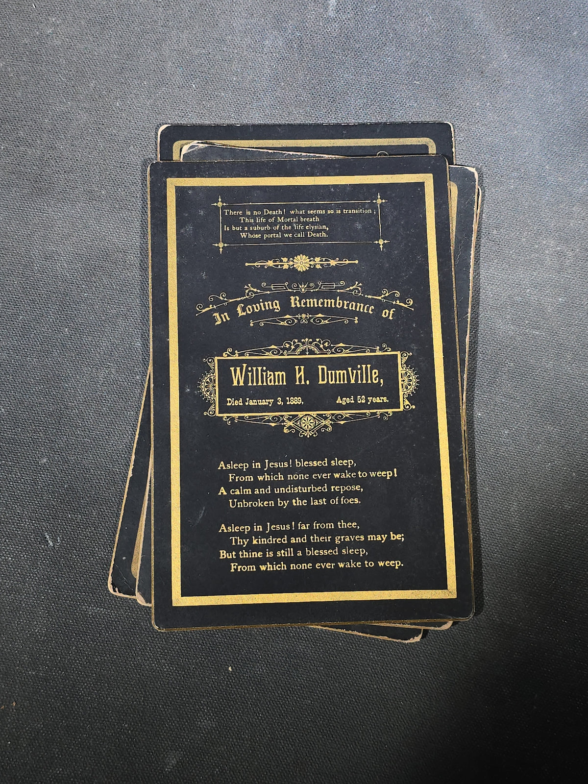 Grouping of Five Antique Funeral Remembrance Cards with Gold Printing including Herbert F. Straw, William H. Dumville, Mrs. Sarah E. Burke, Stephen Dodds, and Elmer Brown, 1889-1899