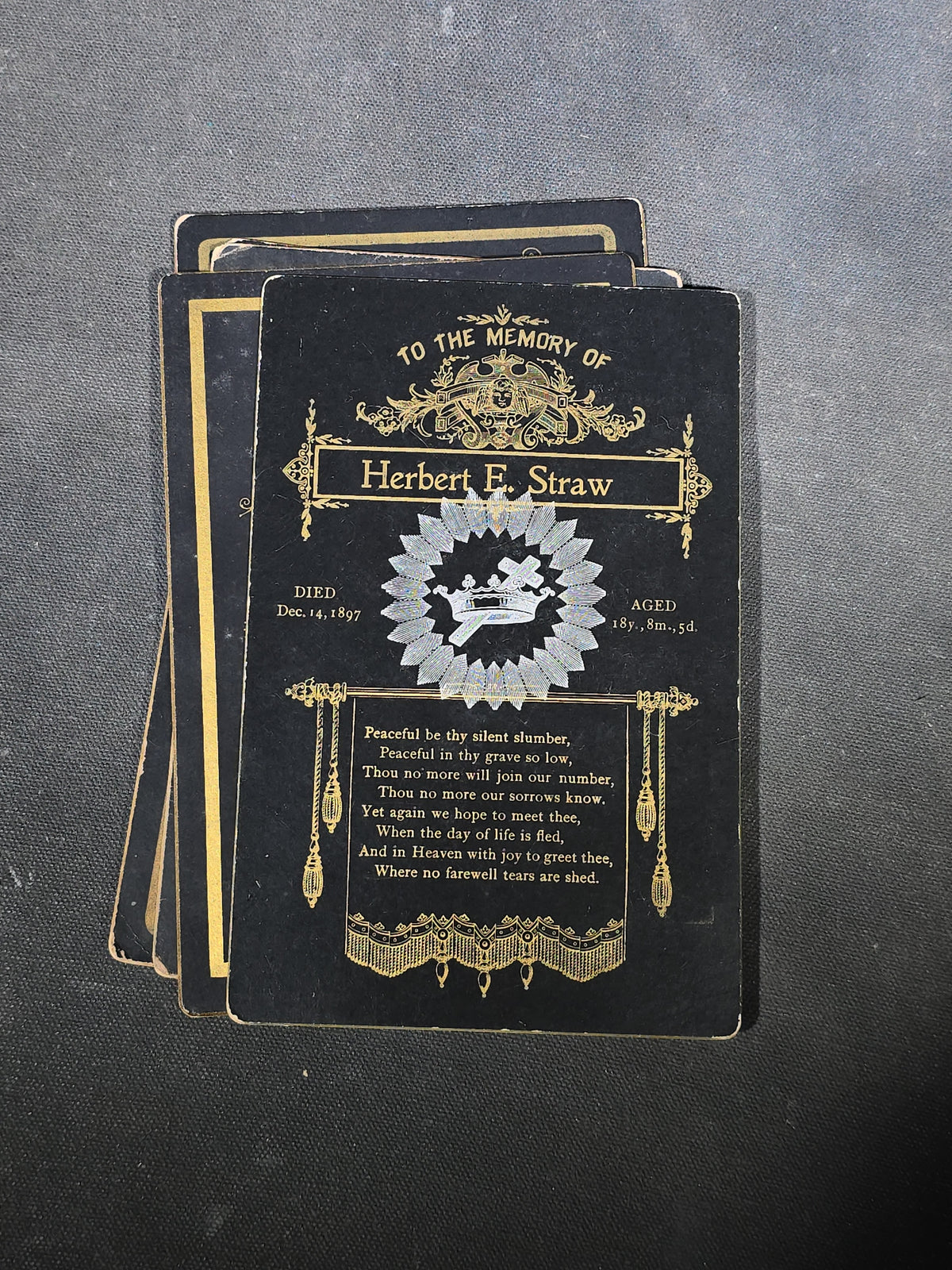 Grouping of Five Antique Funeral Remembrance Cards with Gold Printing including Herbert F. Straw, William H. Dumville, Mrs. Sarah E. Burke, Stephen Dodds, and Elmer Brown, 1889-1899