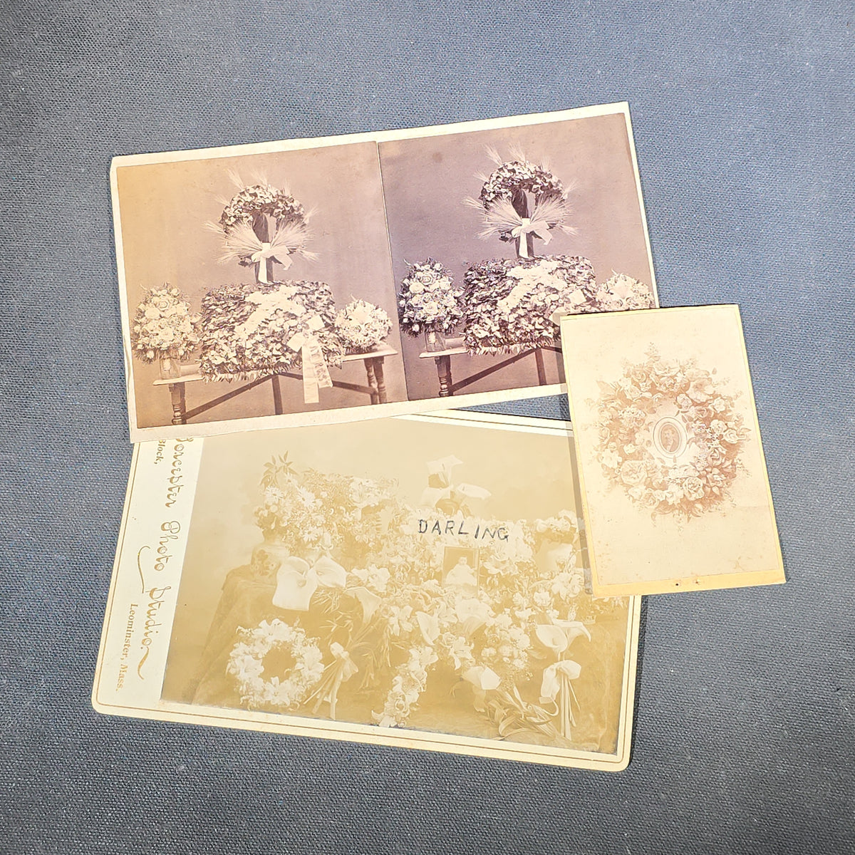 Trio of Antique Funerary Floral Arrangement Photographs including Stereoview, Carte de Visite C.D.V. with Memorial Portrait, and Cabinet Card Photographed by Worcester Photo Studio, Leominster, Massachusetts