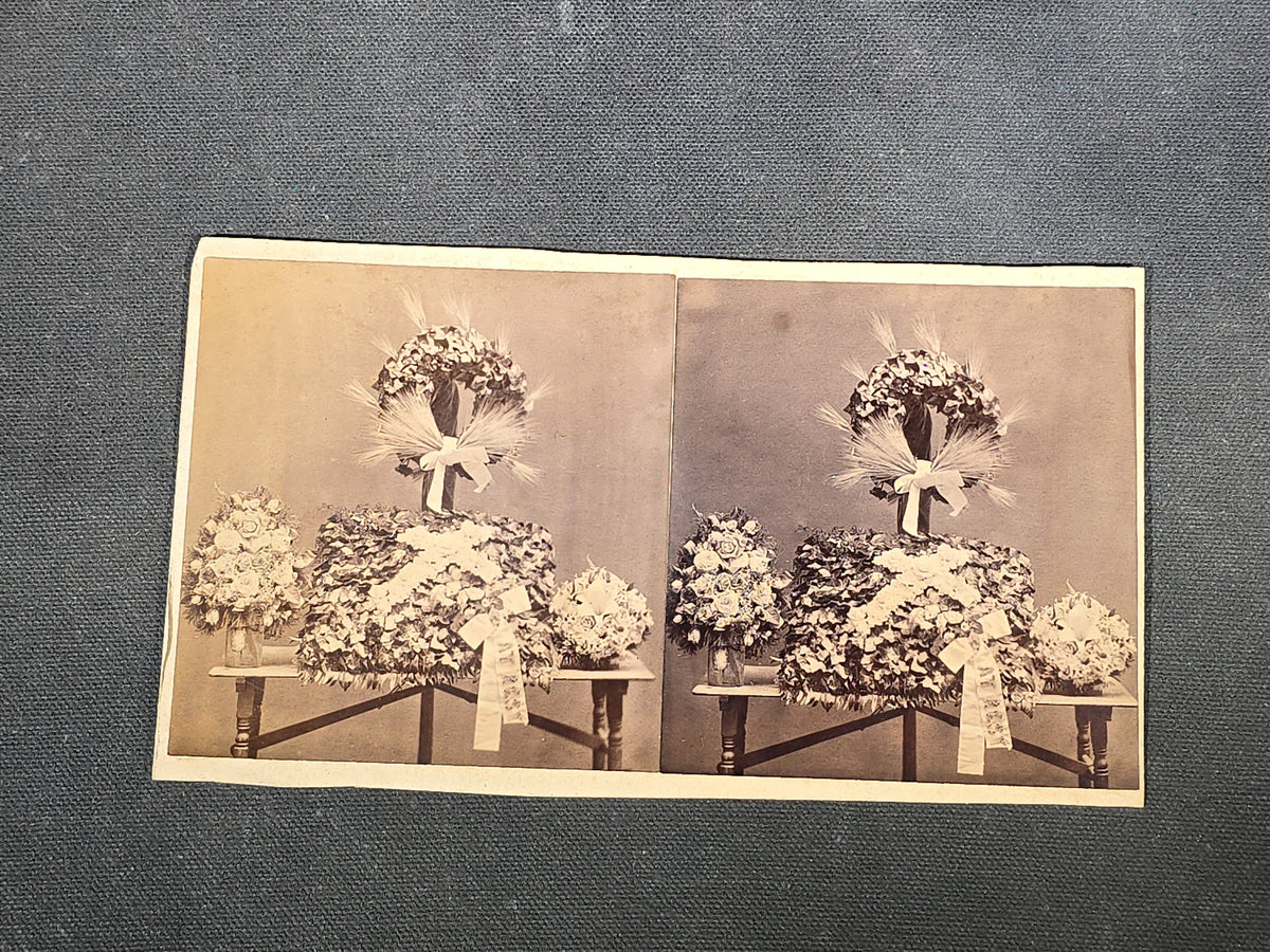 Trio of Antique Funerary Floral Arrangement Photographs including Stereoview, Carte de Visite C.D.V. with Memorial Portrait, and Cabinet Card Photographed by Worcester Photo Studio, Leominster, Massachusetts