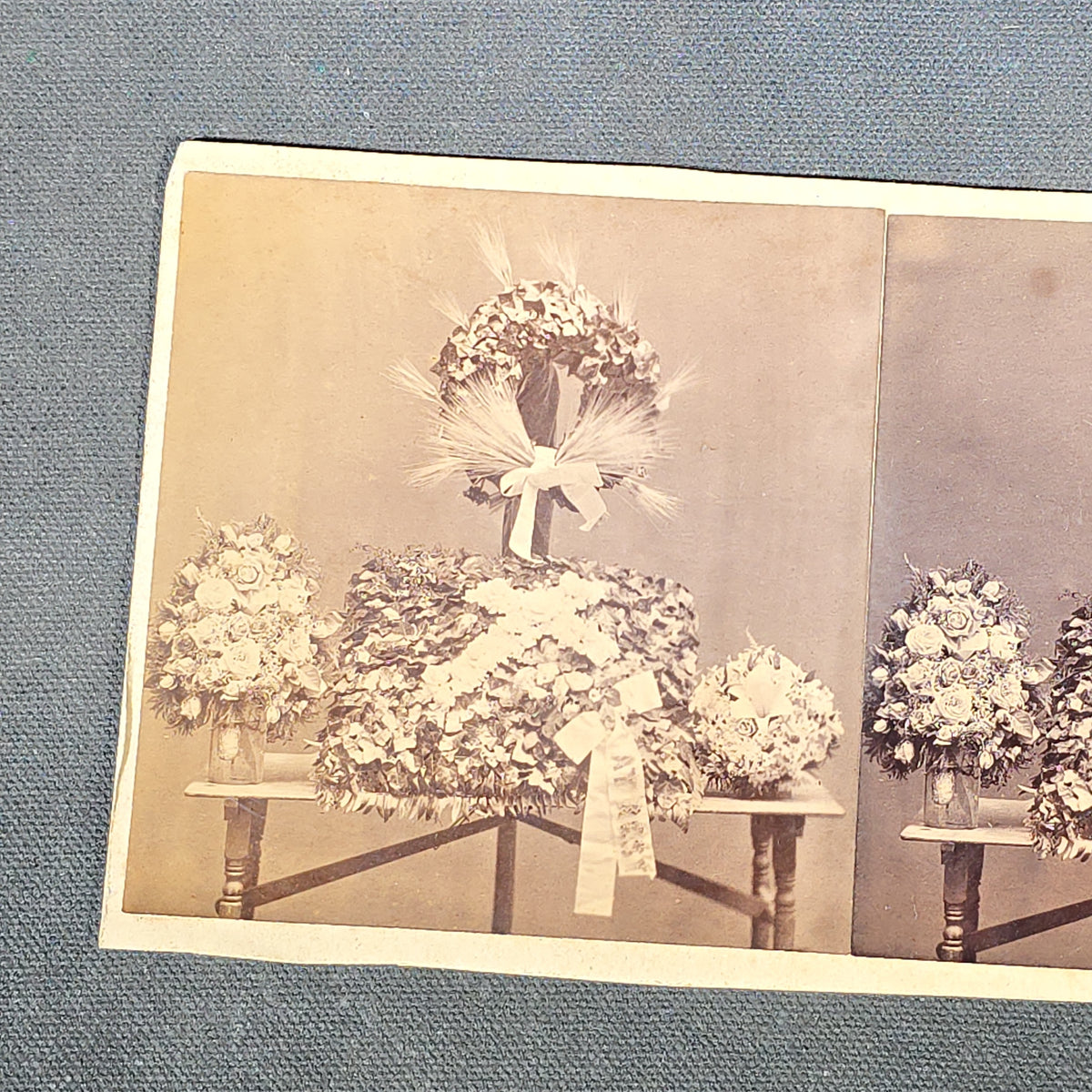 Trio of Antique Funerary Floral Arrangement Photographs including Stereoview, Carte de Visite C.D.V. with Memorial Portrait, and Cabinet Card Photographed by Worcester Photo Studio, Leominster, Massachusetts