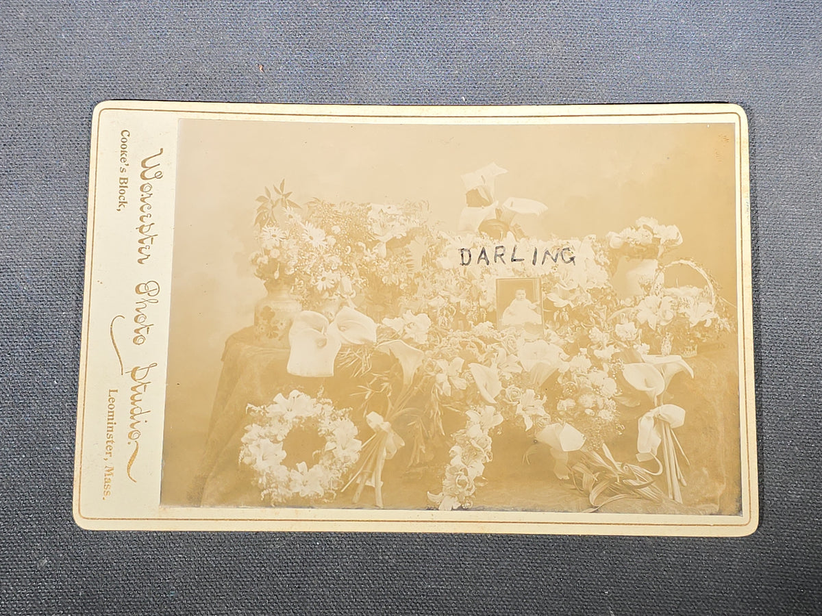 Trio of Antique Funerary Floral Arrangement Photographs including Stereoview, Carte de Visite C.D.V. with Memorial Portrait, and Cabinet Card Photographed by Worcester Photo Studio, Leominster, Massachusetts