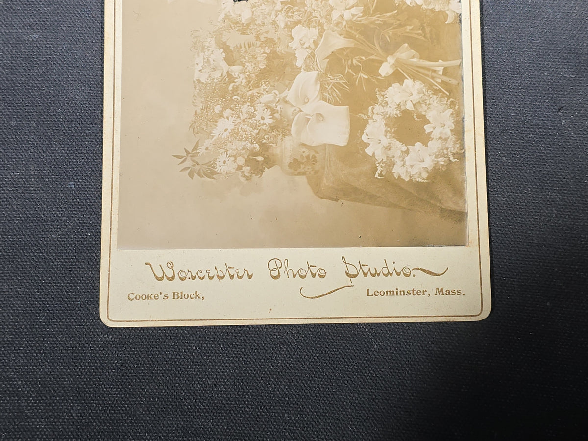 Trio of Antique Funerary Floral Arrangement Photographs including Stereoview, Carte de Visite C.D.V. with Memorial Portrait, and Cabinet Card Photographed by Worcester Photo Studio, Leominster, Massachusetts