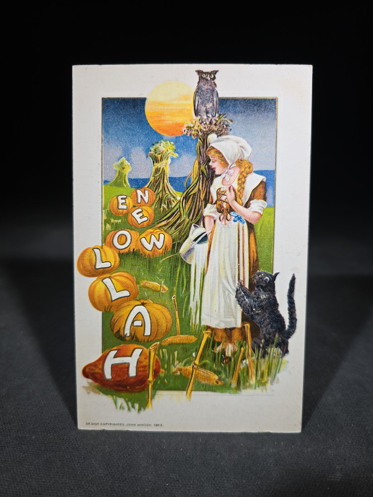 Antique Embossed Halloween Postcard with Girl, Black Cat, Owl, and Pumpkins, Design Copyrighted John Winsch, 1913, Printed in Germany