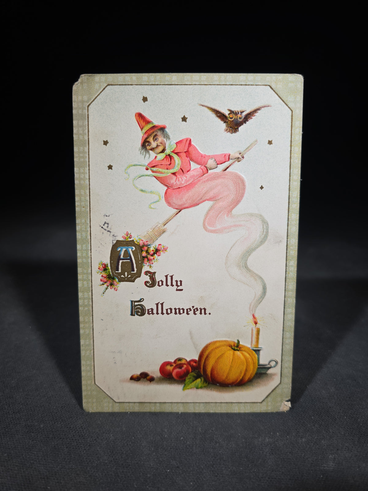 Antique Embossed "A Jolly Hallowe'en" Halloween Postcard with Witch on Broomstick, Owl, Pumpkin, and Candle, Series No. 2399, Printed in Germany