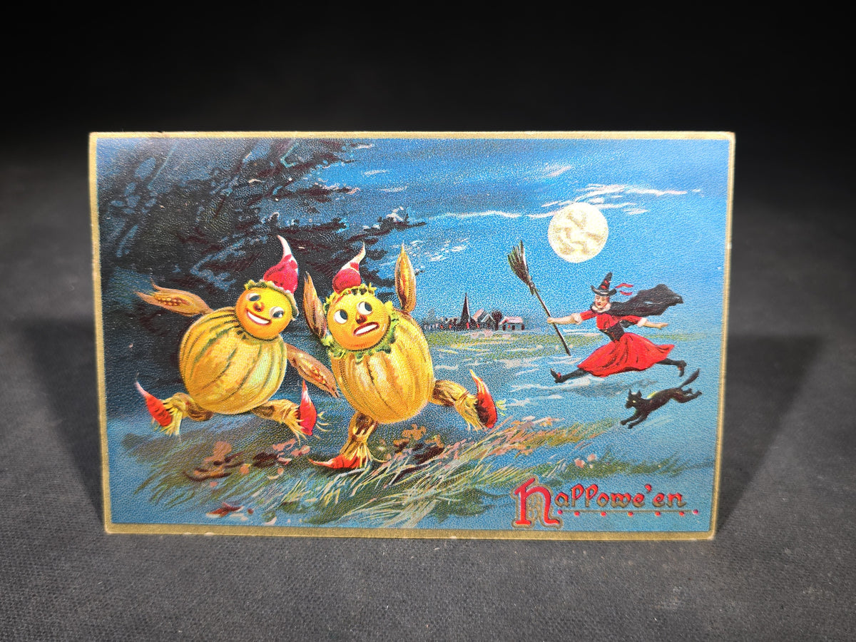 Antique Embossed Halloween Postcard with Pumpkin Figures, Witch, and Black Cat under Full Moon, Published by Raphael Tuck & Sons, Series No. 150, Postmarked 1908