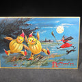 Lot 014 - Antique Embossed Halloween Postcard with Pumpkin Figures, Witch, and Black Cat Under Full Moon, Published by Raphael Tuck & Sons, Series No. 150, Postmarked 1908