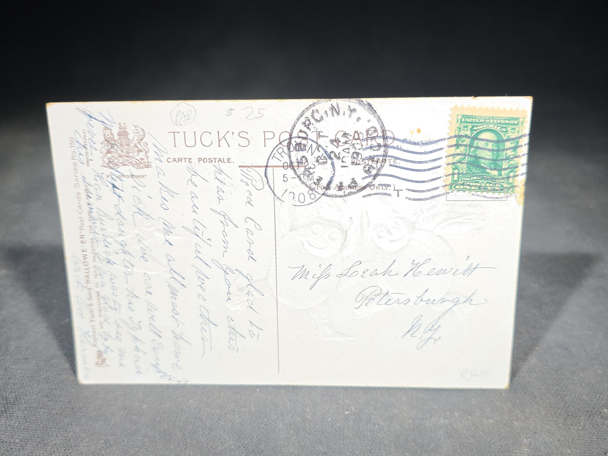 Antique Embossed Halloween Postcard with Pumpkin Figures, Witch, and Black Cat under Full Moon, Published by Raphael Tuck & Sons, Series No. 150, Postmarked 1908