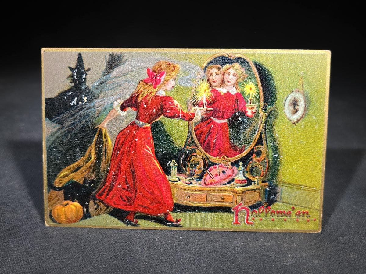 Antique Embossed Halloween Postcard with Mirror Divination Scene, Black Cat, and Pumpkin, Published by Raphael Tuck & Sons, Series No. 150, Postmarked 1909