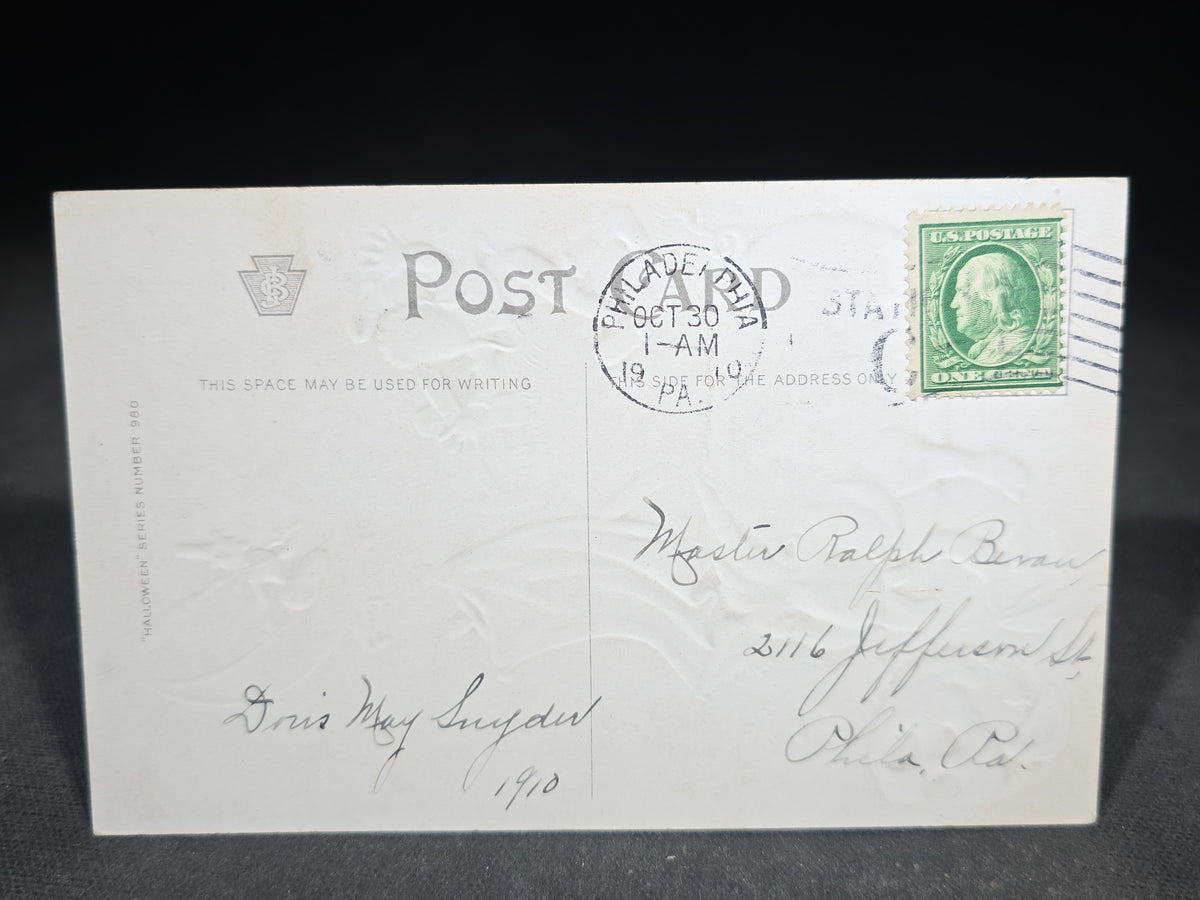 Antique Embossed Halloween Postcard "What the Pig Tho't of the Ghost" with Witch on Crescent Moon and Jack-O-Lantern, Halloween Series Number 980, Postmarked 1910