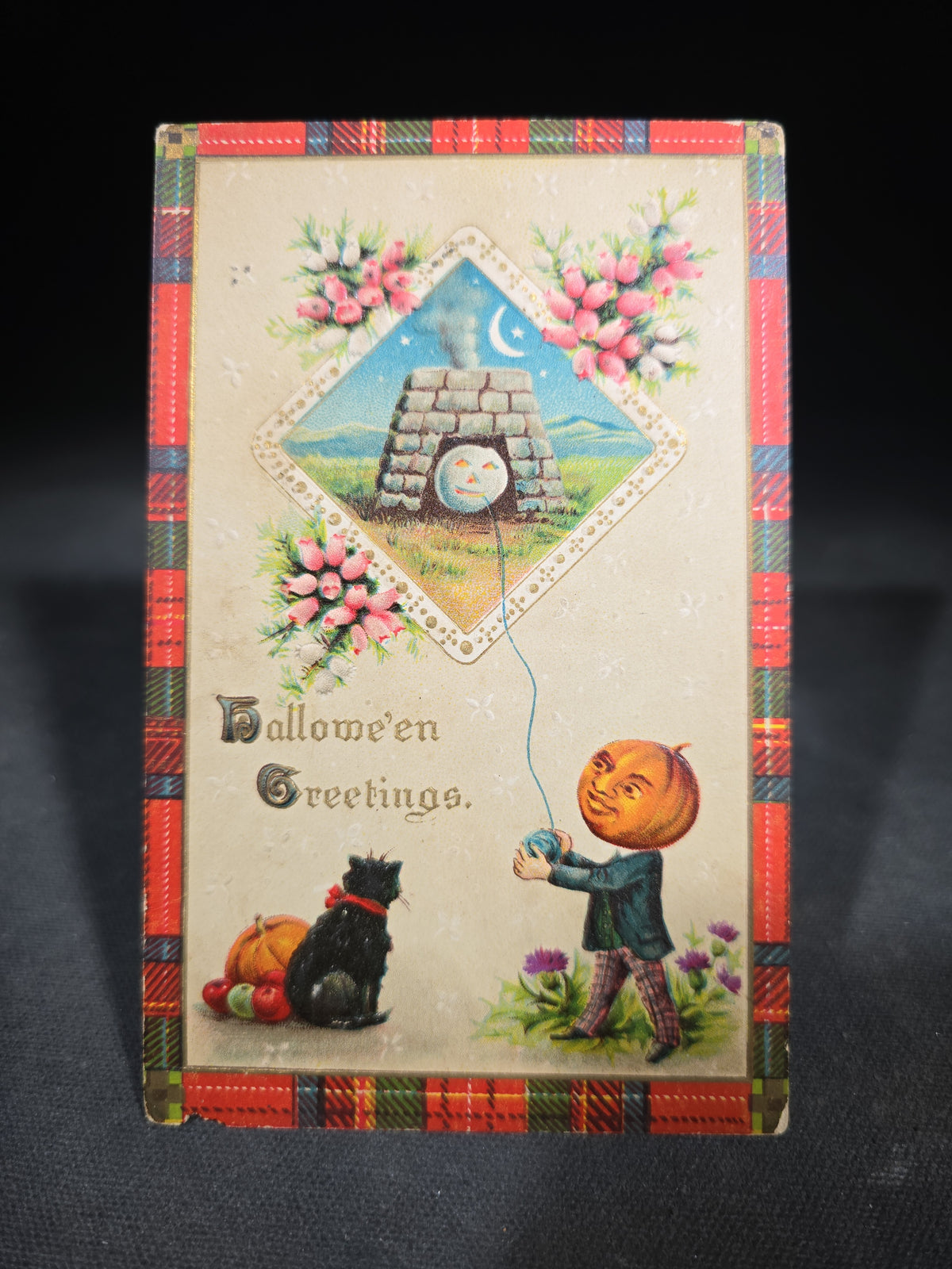 Antique Embossed Halloween Greetings Postcard with Jack-O-Lantern-Headed Boy, Black Cat, and Moon-Face Kite, Tartan Border, Series No. 2401, Printed in Germany, Postmarked 1913