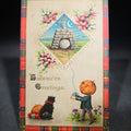 Lot 039 - Antique Embossed Halloween Greetings Postcard with Jack-O-Lantern-Headed Boy, Black Cat, and Moon-Face Kite, Tartan Border, Series No. 2401, Printed in Germany, Postmarked 1913