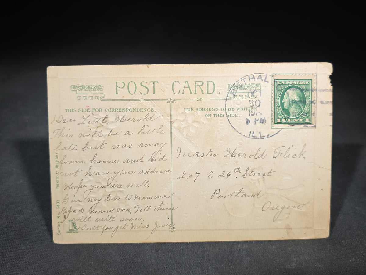 Antique Embossed Halloween Greetings Postcard with Jack-O-Lantern-Headed Boy, Black Cat, and Moon-Face Kite, Tartan Border, Series No. 2401, Printed in Germany, Postmarked 1913