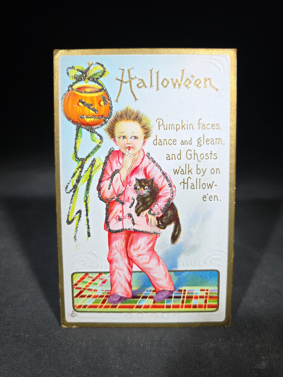 Antique Embossed Halloween Postcard with Glitter, Child in Pink Pajamas Holding Black Cat with Jack-O-Lantern, Series 226 E, Addressed to Lynn, Massachusetts