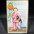 Lot 040 - Antique Embossed Halloween Postcard with Glitter, Child in Pink Pajamas Holding Black Cat with Jack-O-Lantern, Series 226 E, Addressed to Lynn, Massachusetts