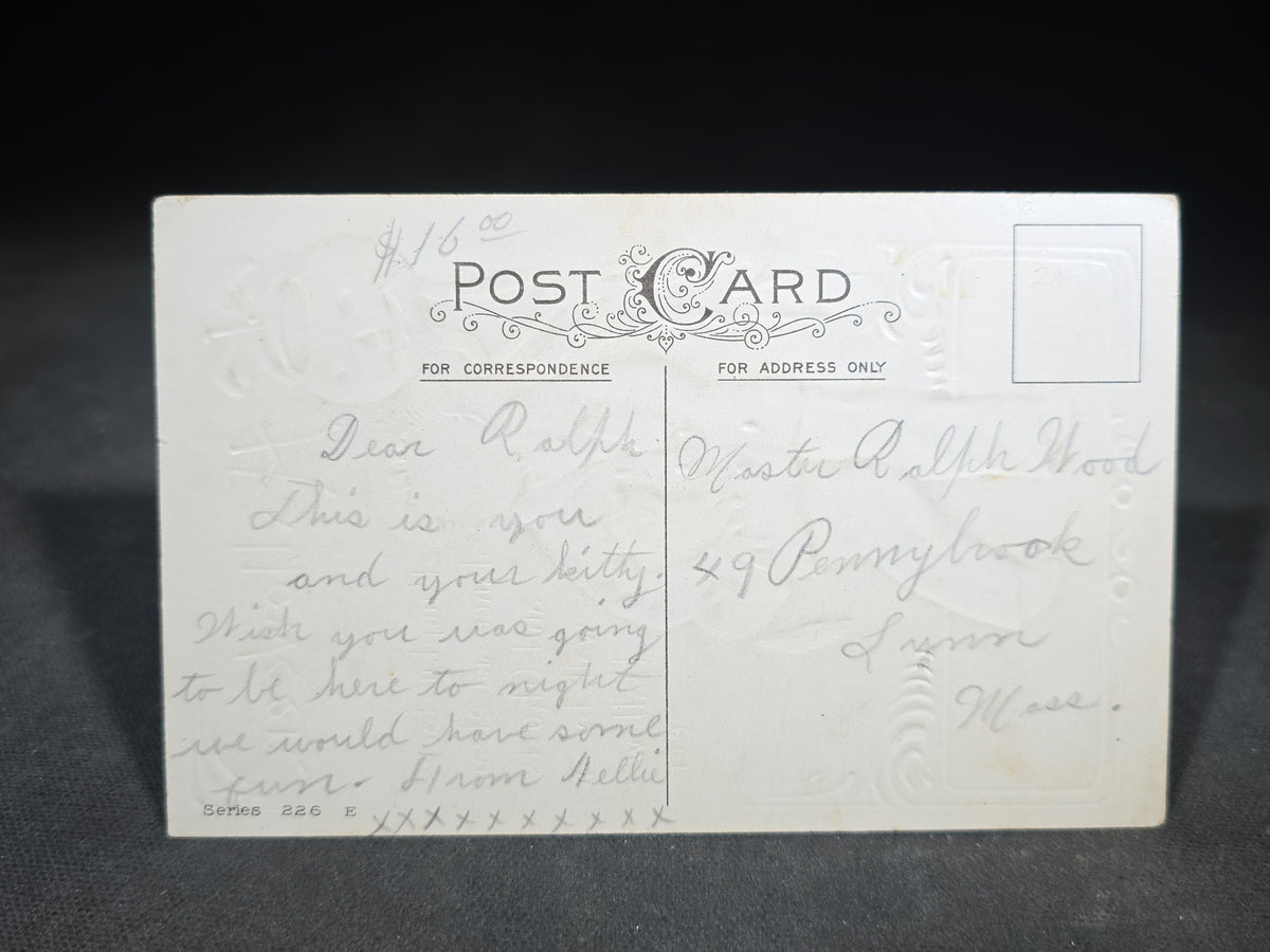 Antique Embossed Halloween Postcard with Glitter, Child in Pink Pajamas Holding Black Cat with Jack-O-Lantern, Series 226 E, Addressed to Lynn, Massachusetts