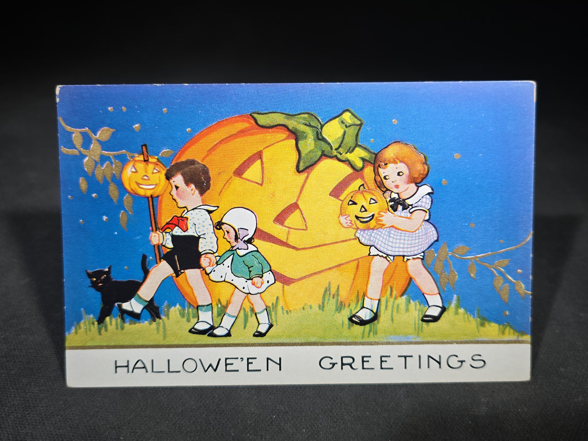 Antique Embossed "Hallowe'en Greetings" Postcard with Children, Jack-O-Lanterns, and Black Cat, Published by Whitney, Worcester, Massachusetts