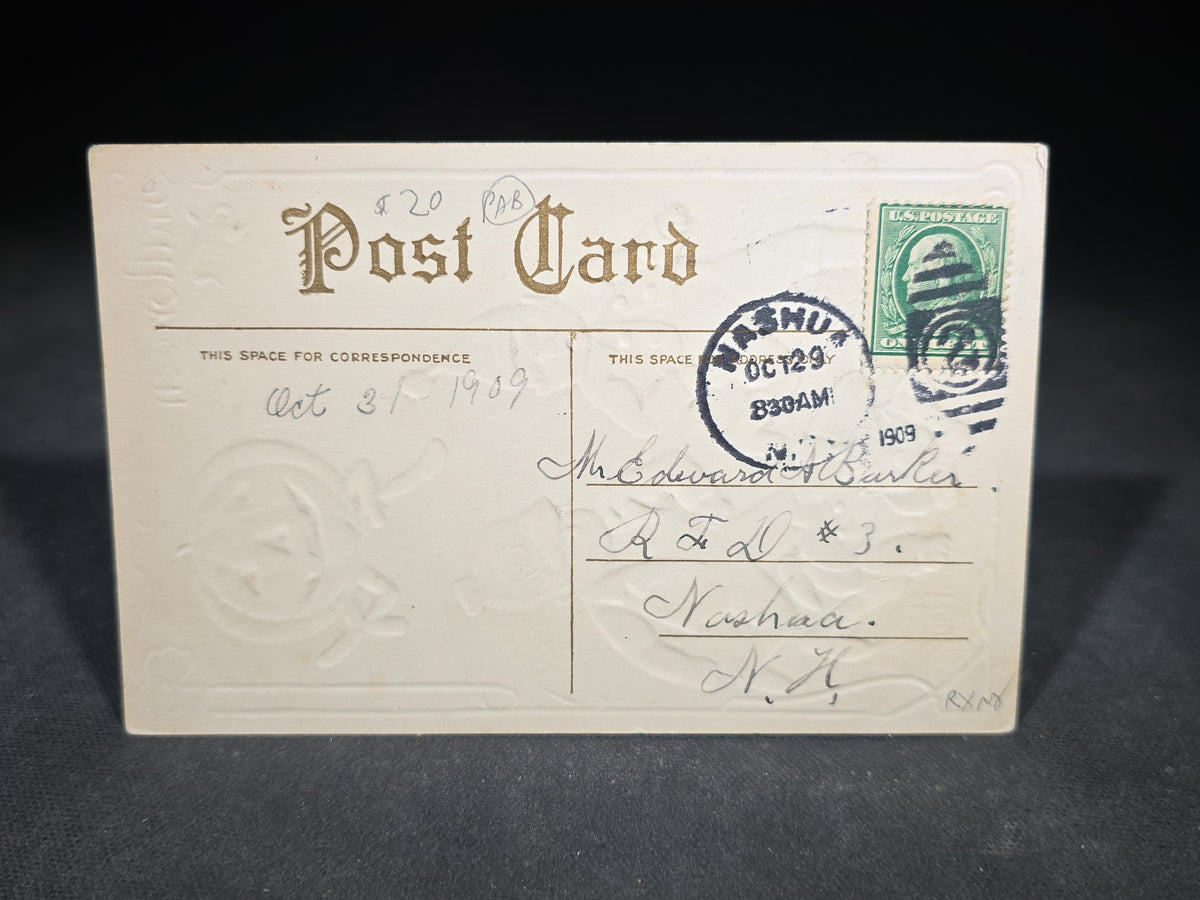 Antique Embossed Halloween Postcard with Jack-O-Lantern Figure Chasing Three Boys, Postmarked Nashua, New Hampshire, 1909