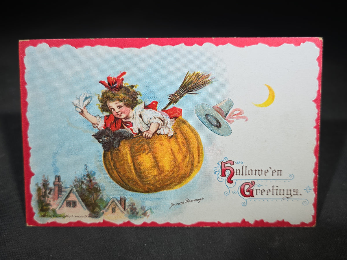 Antique Embossed "Hallowe'en Greetings" Postcard Illustrated by Frances Brundage, Girl Riding Flying Pumpkin with Black Cat and Broomstick, Postcard Series No. 121, Printed in Germany