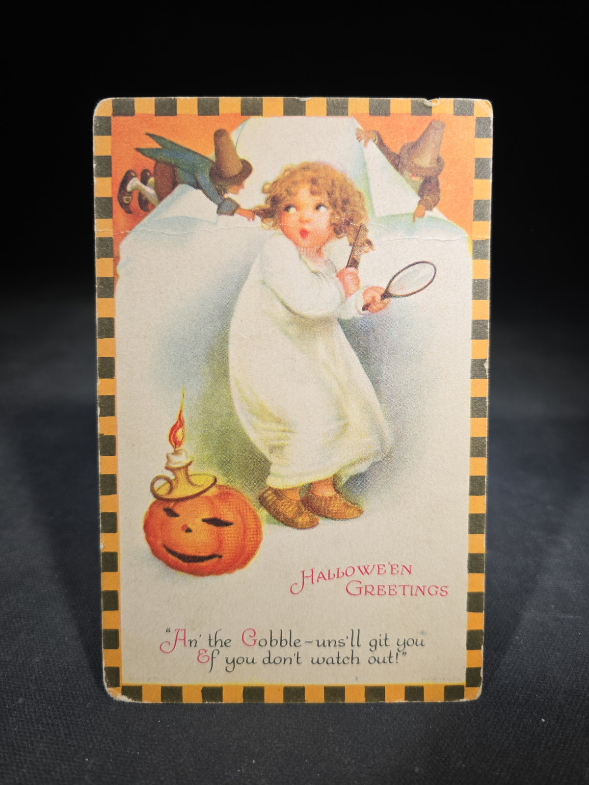 Antique Illustrated Halloween Greetings Postcard with Child, Jack-O-Lantern, and Goblins, Addressed to Falls City, Washington