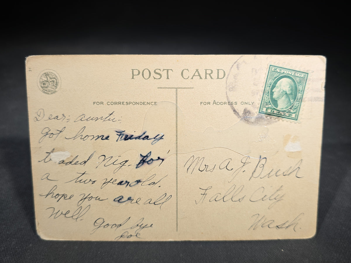Antique Illustrated Halloween Greetings Postcard with Child, Jack-O-Lantern, and Goblins, Addressed to Falls City, Washington