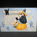 Lot 122 - Antique Embossed "Hallowe'en Greetings" Postcard with Girl in Witch Costume Seated on Pumpkin, Black Cat, and Crescent Moon, Published by Whitney, Worcester, Massachusetts, Note Crease Down Center