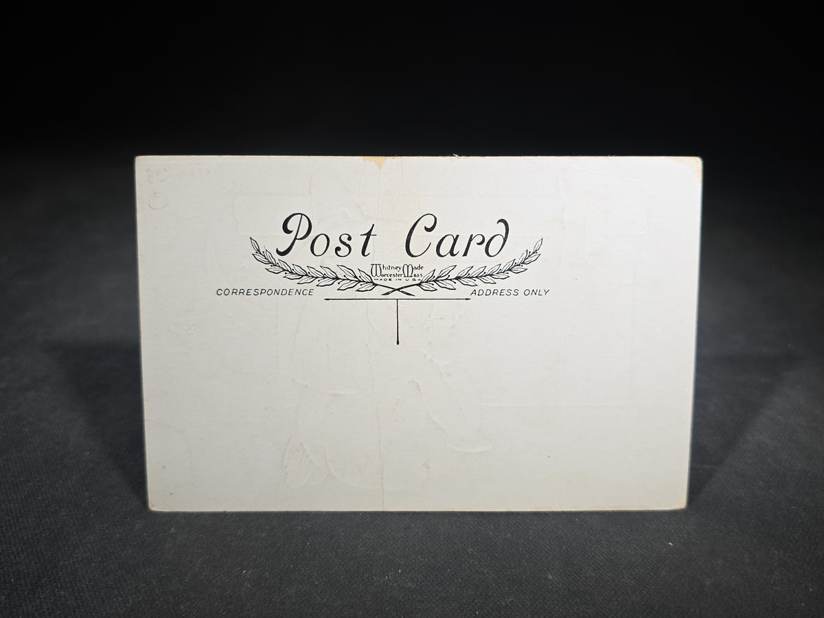 Antique Embossed "Hallowe'en Greetings" Postcard with Girl in Witch Costume Seated on Pumpkin, Black Cat, and Crescent Moon, Published by Whitney, Worcester, Massachusetts, Note Crease Down Center