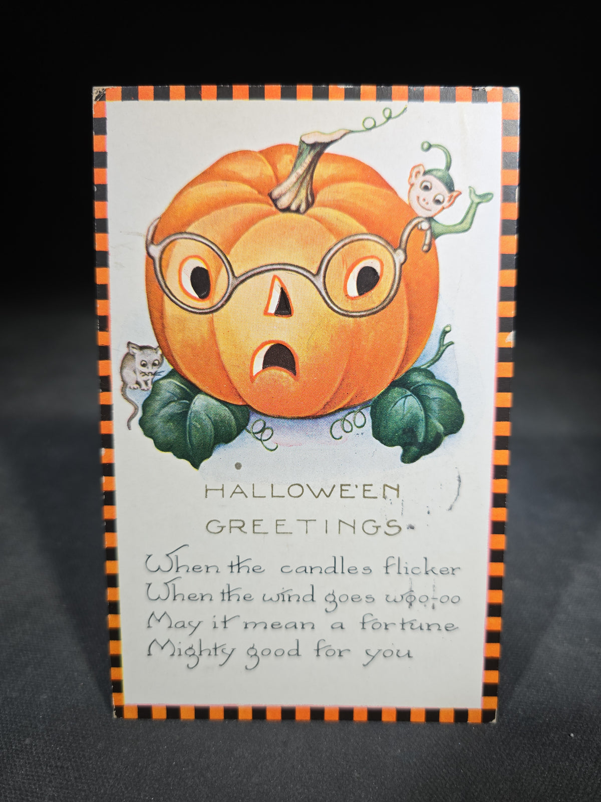 Antique Illustrated "Hallowe'en Greetings" Postcard with Bespectacled Jack-O-Lantern, Elf, and Mouse, Published by Whitney, Worcester, Massachusetts, Postmarked Richmond, Indiana