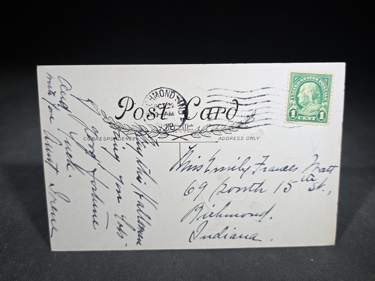 Antique Illustrated "Hallowe'en Greetings" Postcard with Bespectacled Jack-O-Lantern, Elf, and Mouse, Published by Whitney, Worcester, Massachusetts, Postmarked Richmond, Indiana