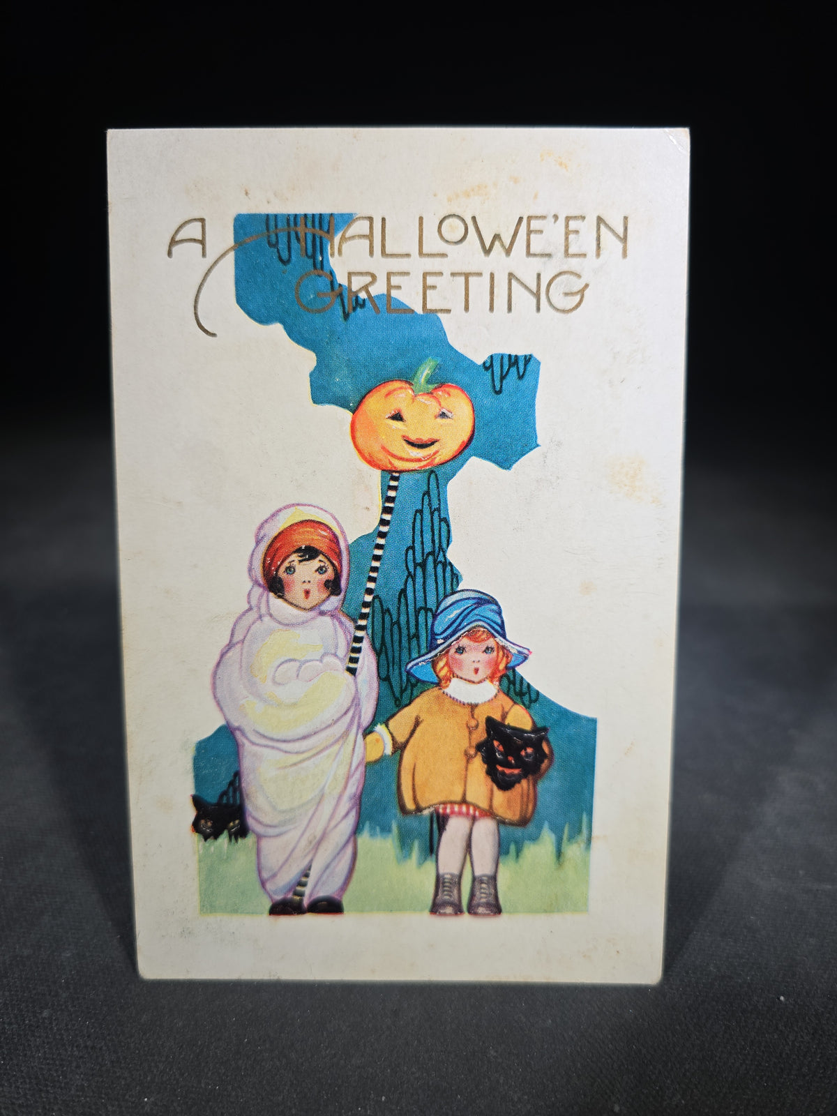 Antique Embossed "A Hallowe'en Greeting" Postcard with Two Children, Jack-O-Lantern, and Black Cats, Published by Whitney, Worcester, Massachusetts, Postmarked Plano, Illinois