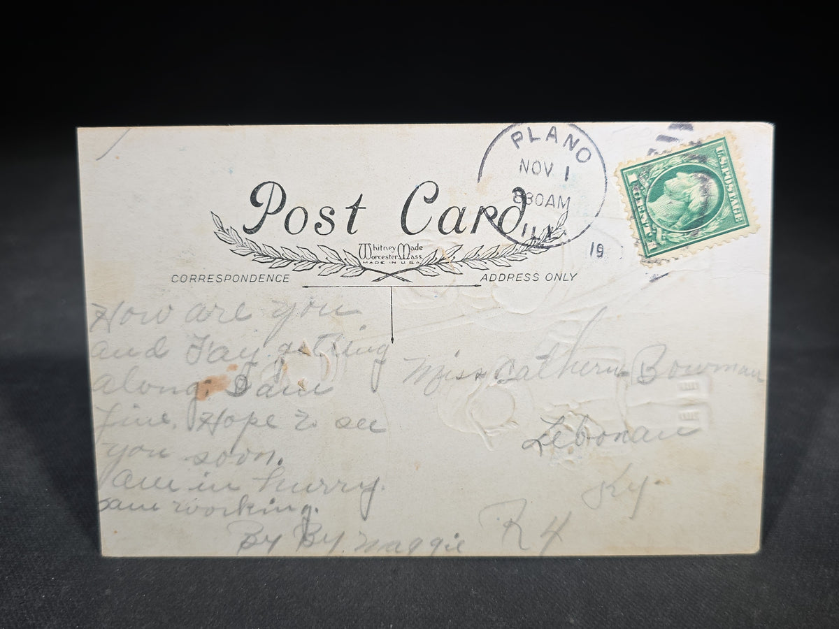Antique Embossed "A Hallowe'en Greeting" Postcard with Two Children, Jack-O-Lantern, and Black Cats, Published by Whitney, Worcester, Massachusetts, Postmarked Plano, Illinois
