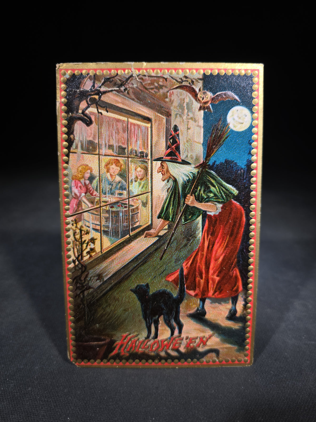 Antique Embossed "Hallowe'en" Postcard with Witch Peering Through Window at Children, Black Cat, Owl, and Moon, Published by Raphael Tuck & Sons, Series No. 160, Printed in Saxony, Postmarked Boston, Massachusetts, 1909