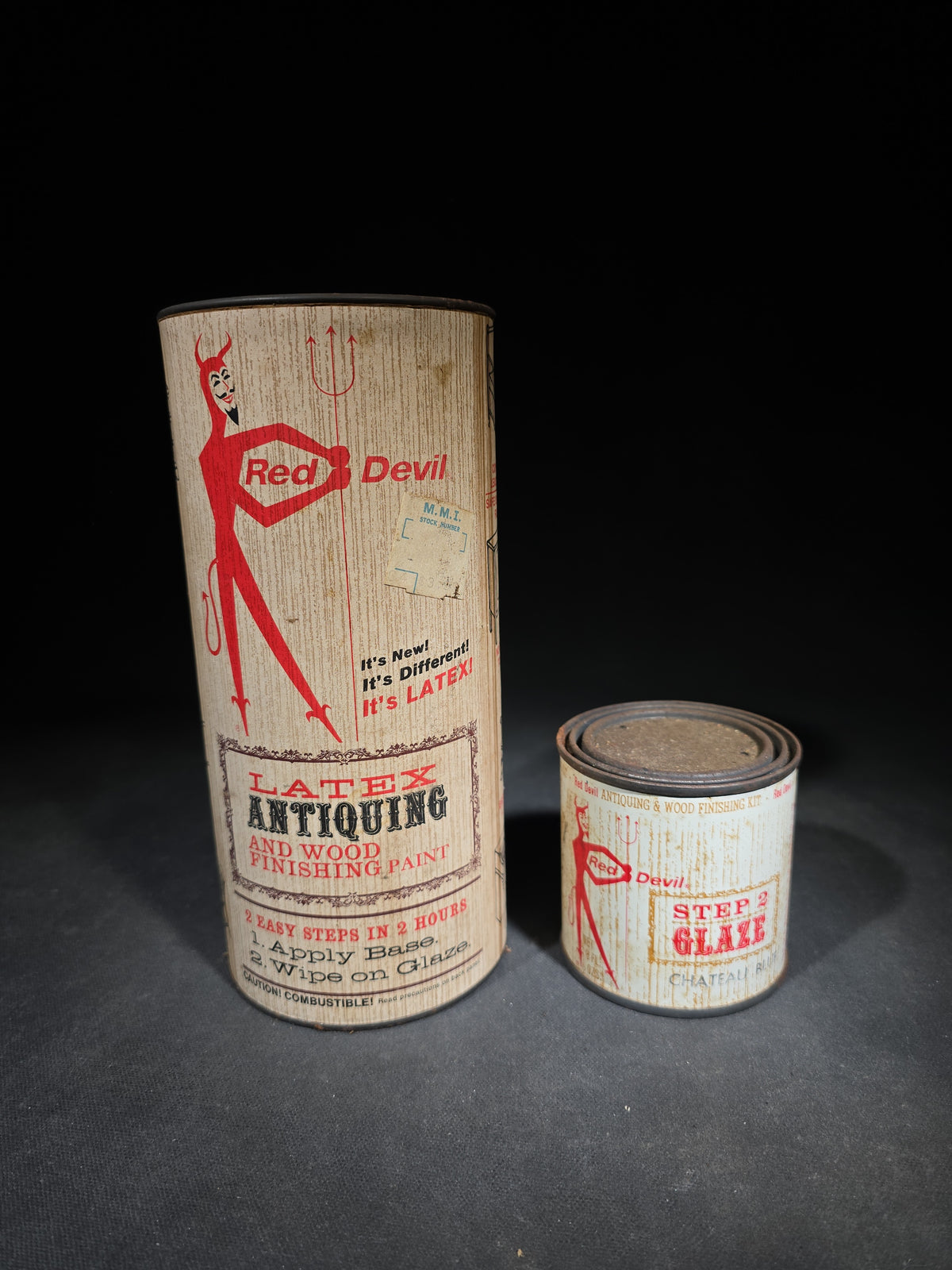 Pair of Vintage Red Devil Latex Antiquing and Wood Finishing Paint Cans in English Walnut and Chateau Blue, Manufactured by Red Devil Paints, Inc., Mount Vernon, New York