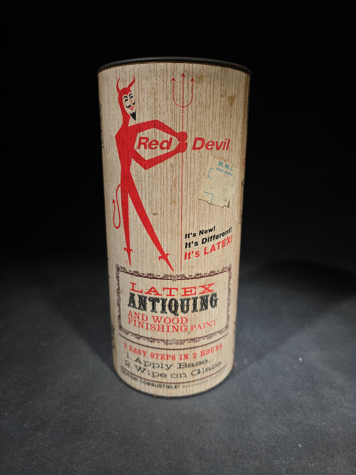 Pair of Vintage Red Devil Latex Antiquing and Wood Finishing Paint Cans in English Walnut and Chateau Blue, Manufactured by Red Devil Paints, Inc., Mount Vernon, New York