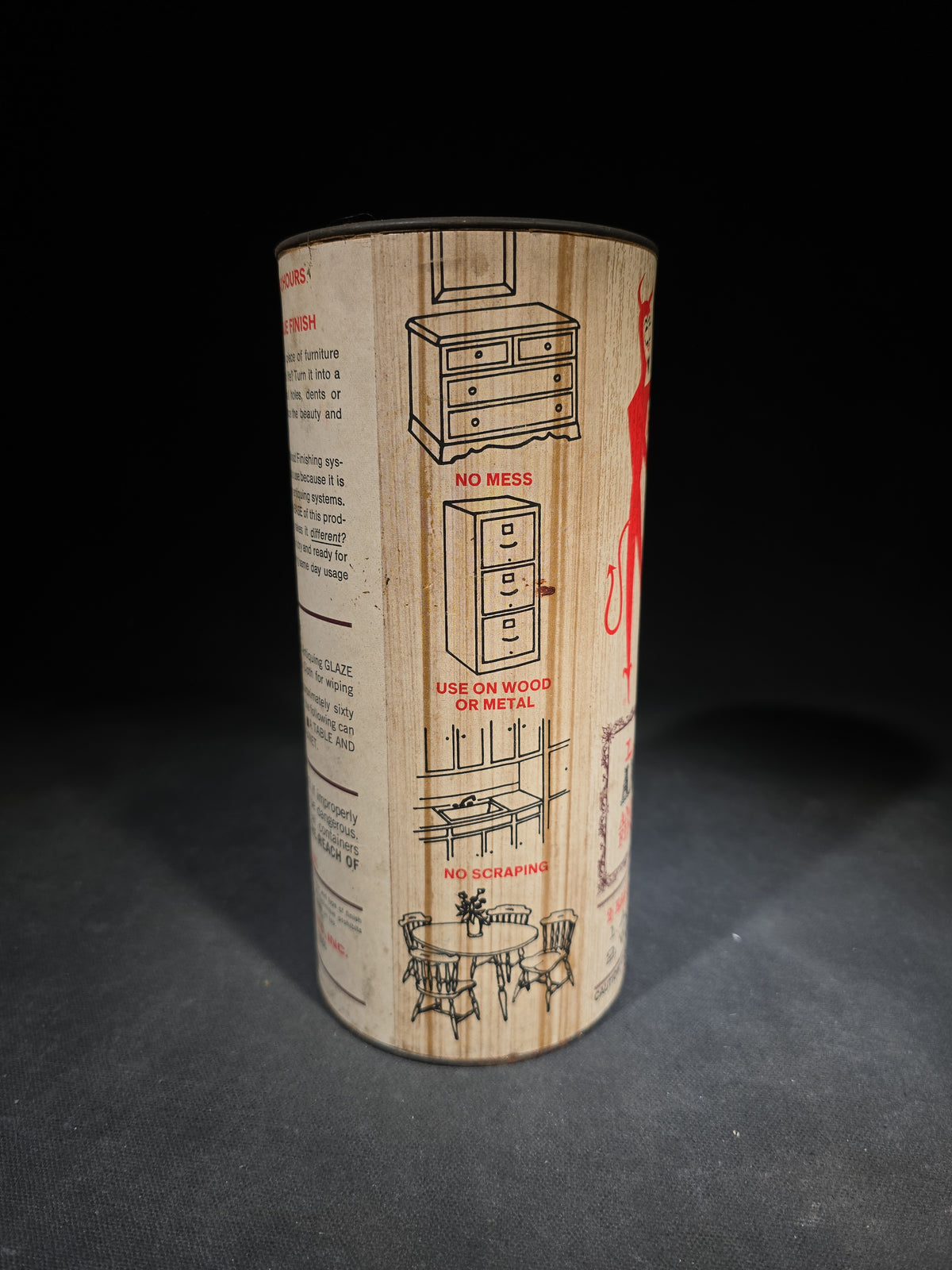 Pair of Vintage Red Devil Latex Antiquing and Wood Finishing Paint Cans in English Walnut and Chateau Blue, Manufactured by Red Devil Paints, Inc., Mount Vernon, New York