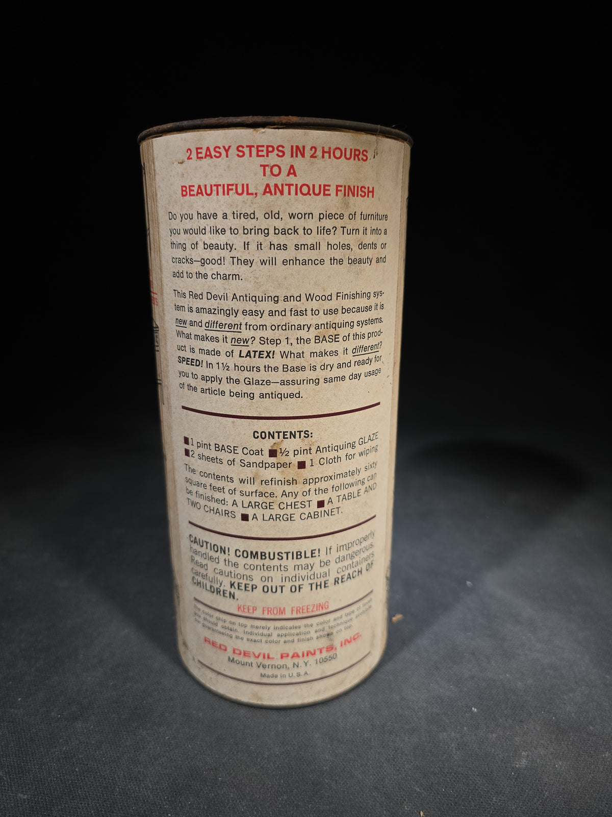Pair of Vintage Red Devil Latex Antiquing and Wood Finishing Paint Cans in English Walnut and Chateau Blue, Manufactured by Red Devil Paints, Inc., Mount Vernon, New York