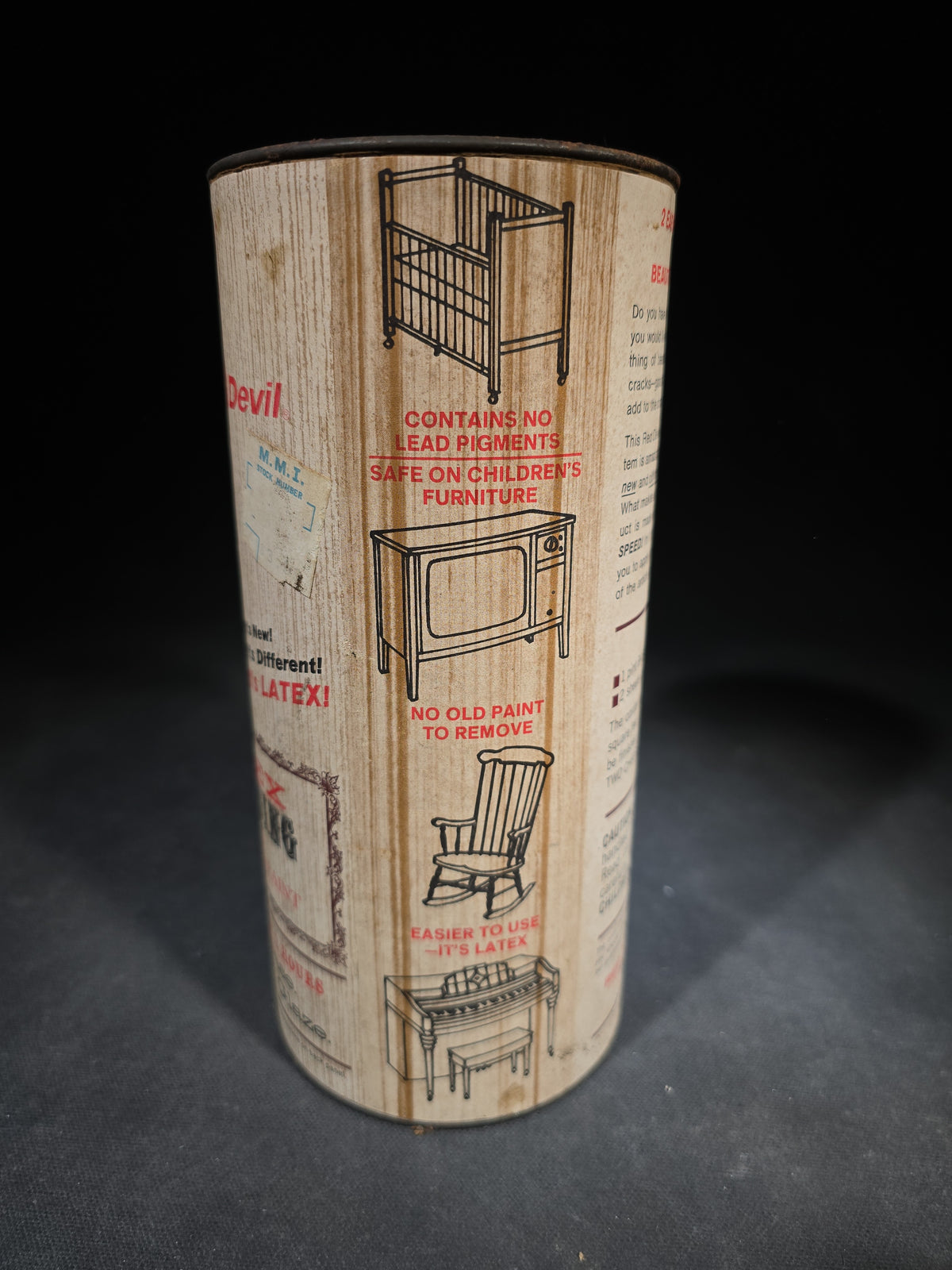 Pair of Vintage Red Devil Latex Antiquing and Wood Finishing Paint Cans in English Walnut and Chateau Blue, Manufactured by Red Devil Paints, Inc., Mount Vernon, New York