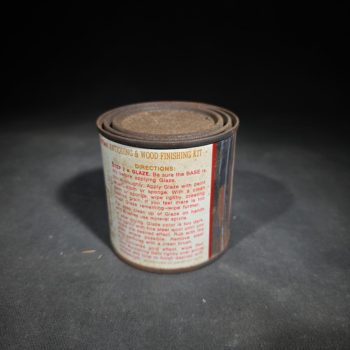 Pair of Vintage Red Devil Latex Antiquing and Wood Finishing Paint Cans in English Walnut and Chateau Blue, Manufactured by Red Devil Paints, Inc., Mount Vernon, New York