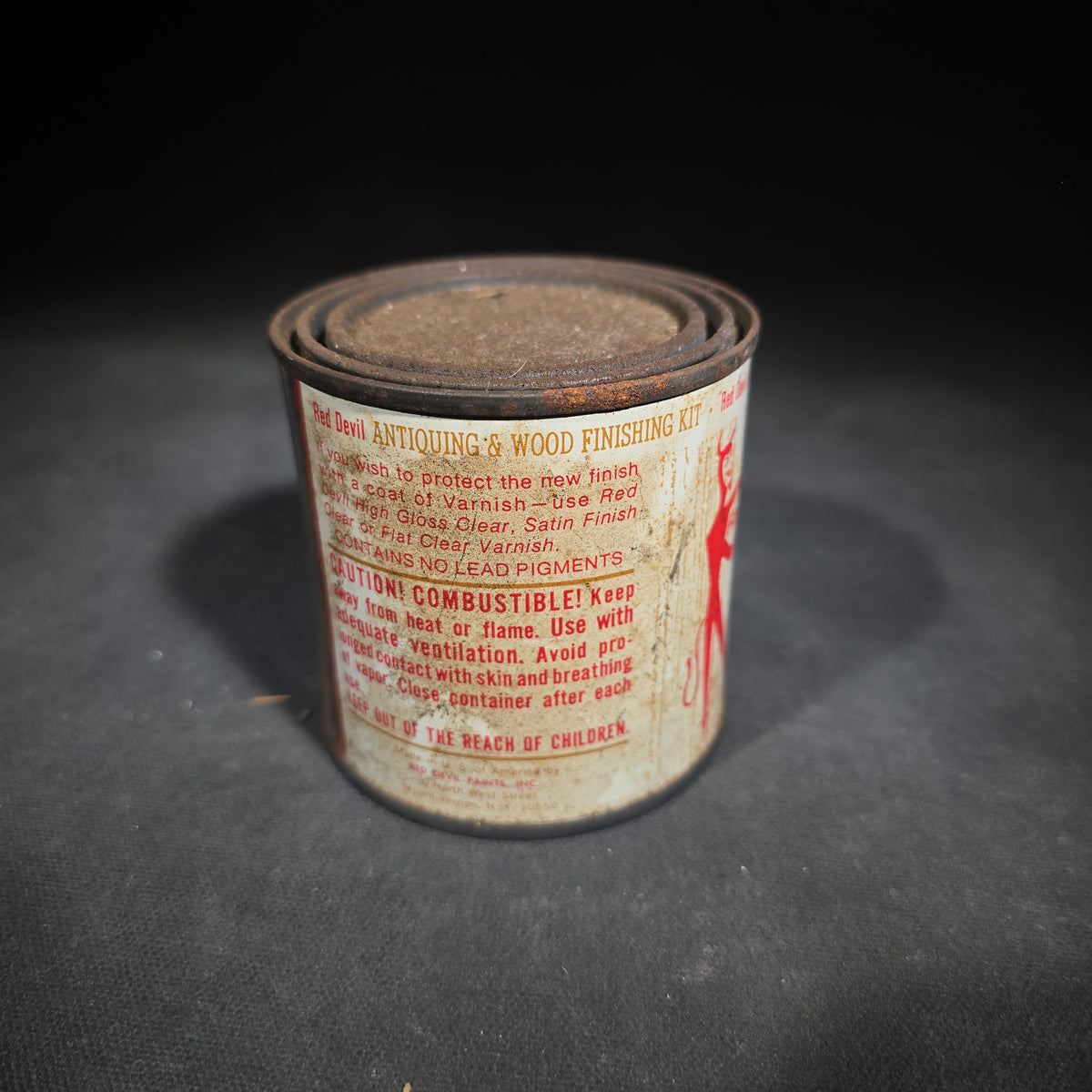 Pair of Vintage Red Devil Latex Antiquing and Wood Finishing Paint Cans in English Walnut and Chateau Blue, Manufactured by Red Devil Paints, Inc., Mount Vernon, New York