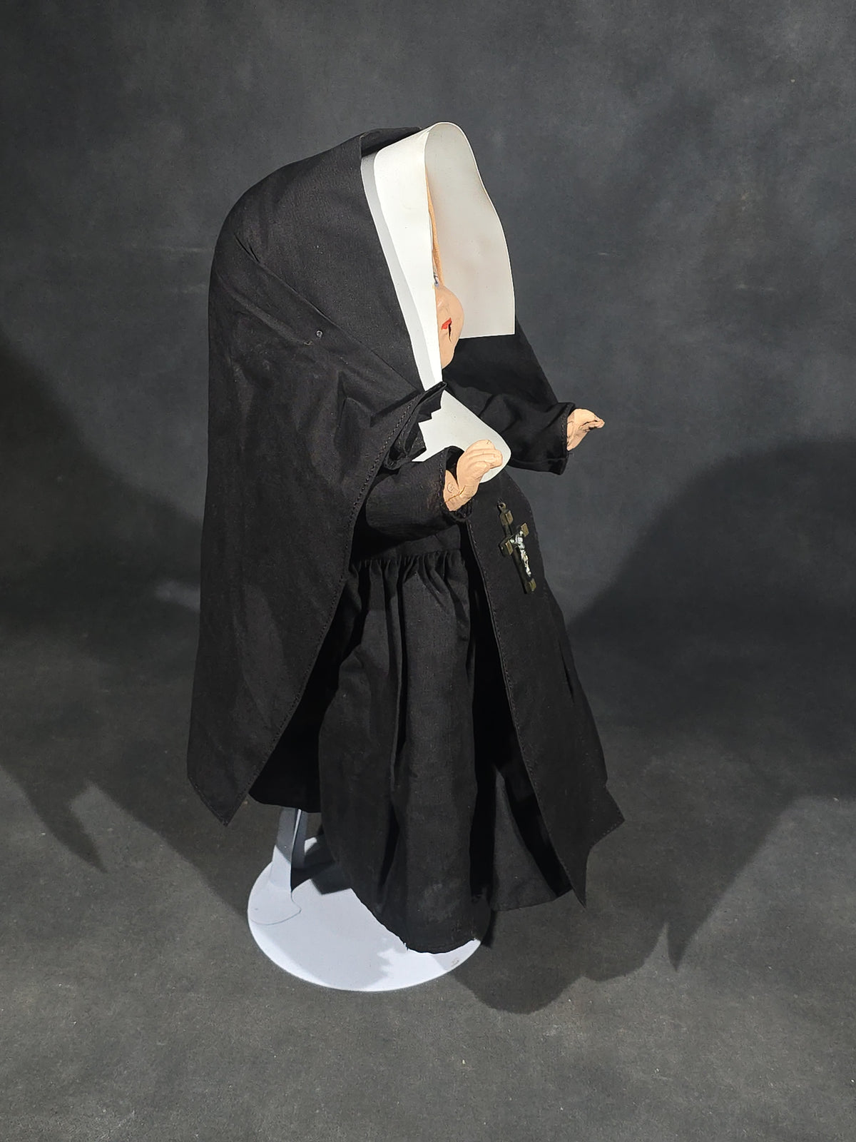 Vintage Composition Nun Doll in Black Habit with Crucifix and Metal Display Stand