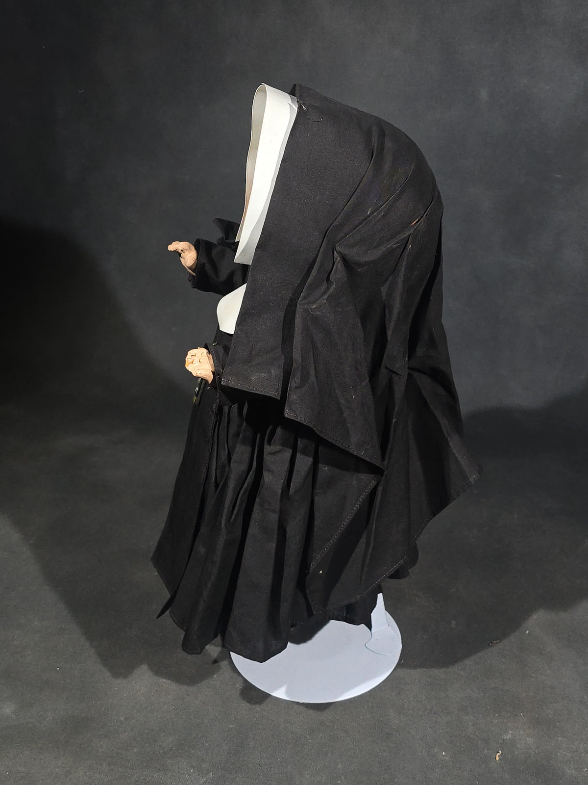 Vintage Composition Nun Doll in Black Habit with Crucifix and Metal Display Stand