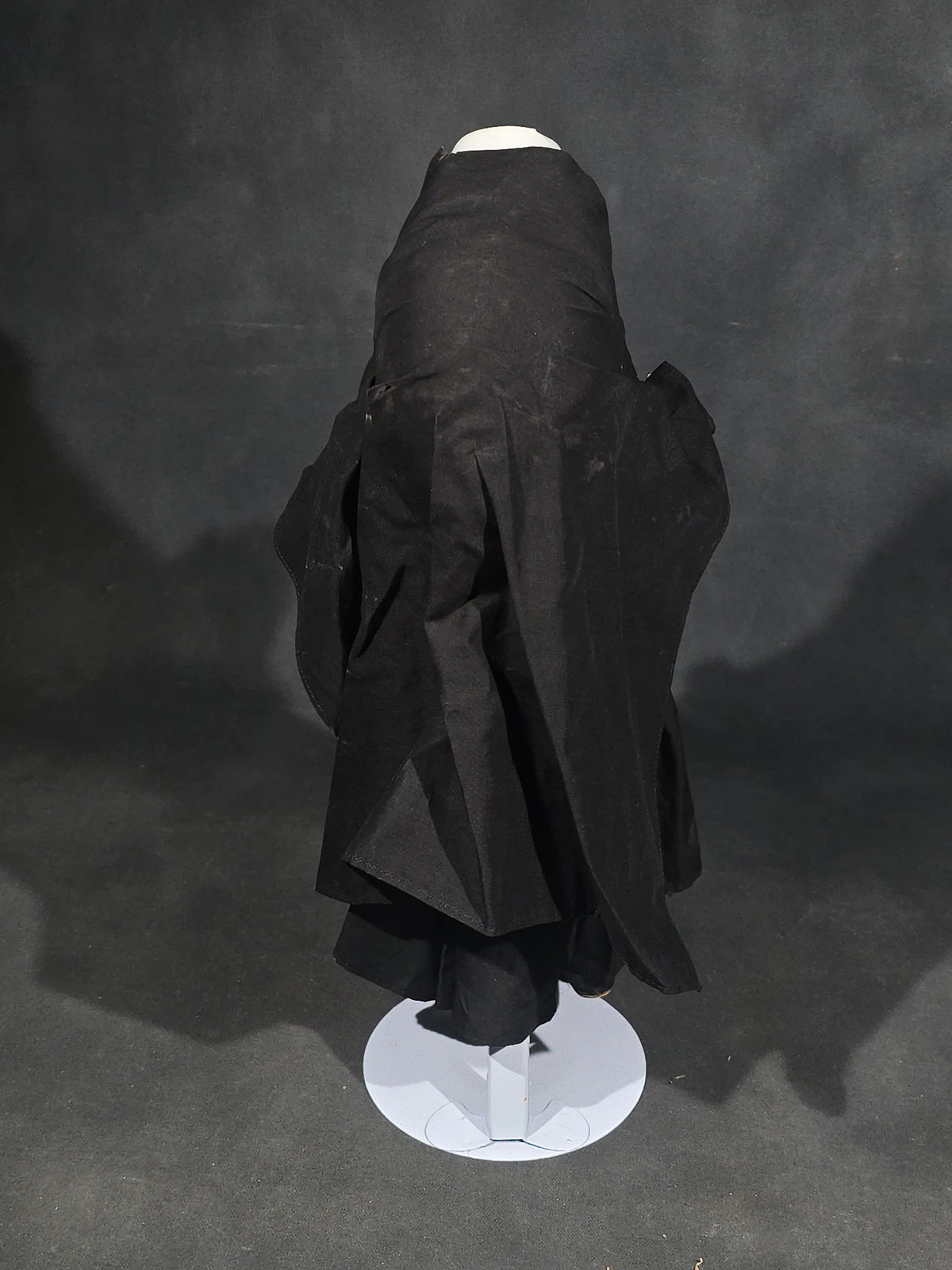 Vintage Composition Nun Doll in Black Habit with Crucifix and Metal Display Stand