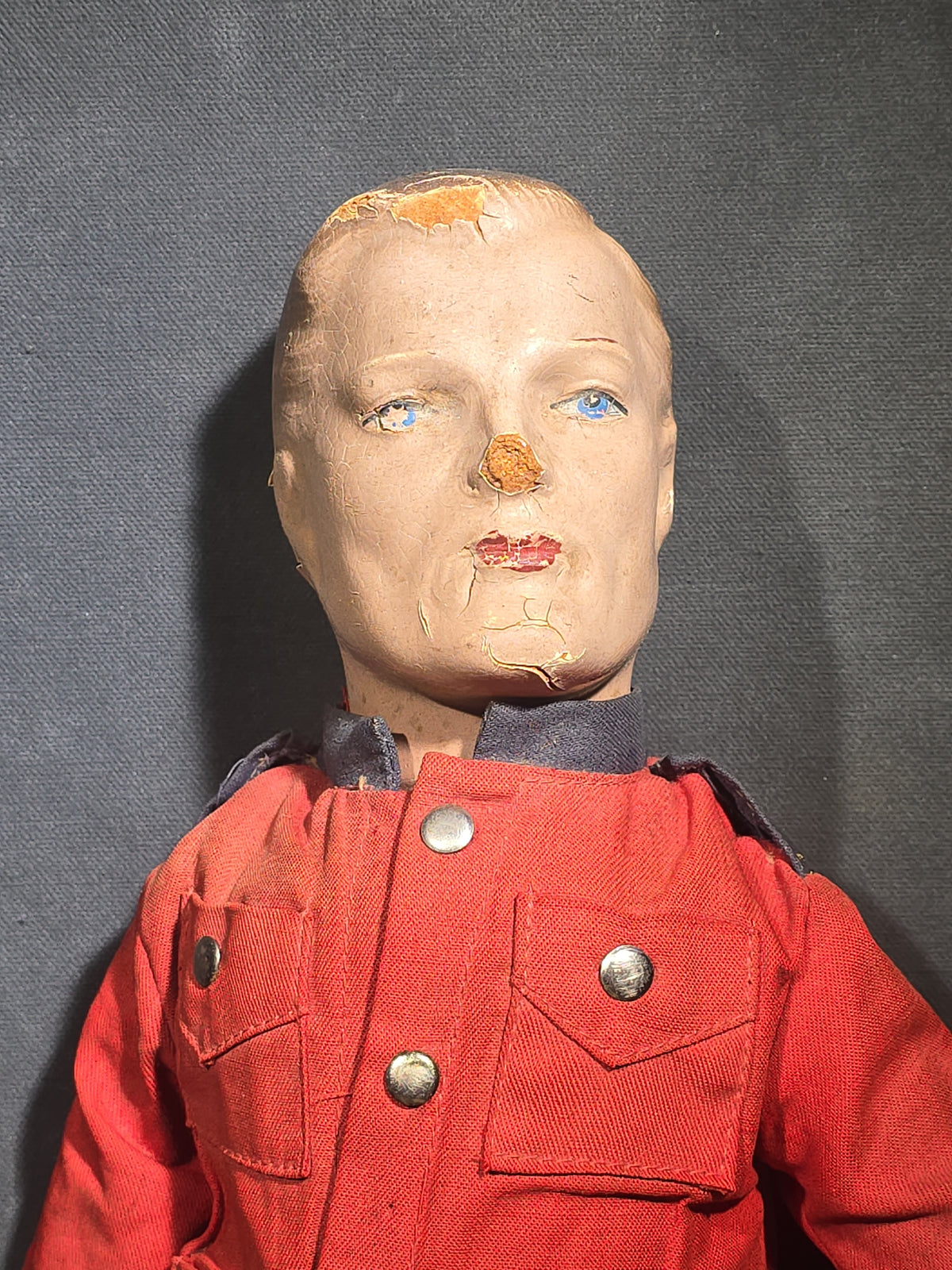 Vintage Composition R.C.M.P. Mountie Doll in Red Serge Jacket, Manufactured by Reliable Toy Company, Made in Canada
