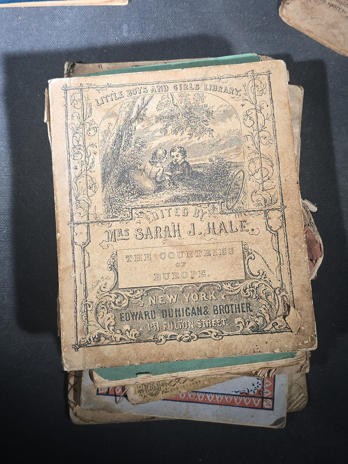 Grouping of Antique Chapbooks, Primers, and Children's Books including "Nursery Rhymes and Tales" 1826, "The Children in the Wood" 1830, "Courtship and Marriage" 1824, and "Watts Songs Against Faults" by McLoughlin Bros.