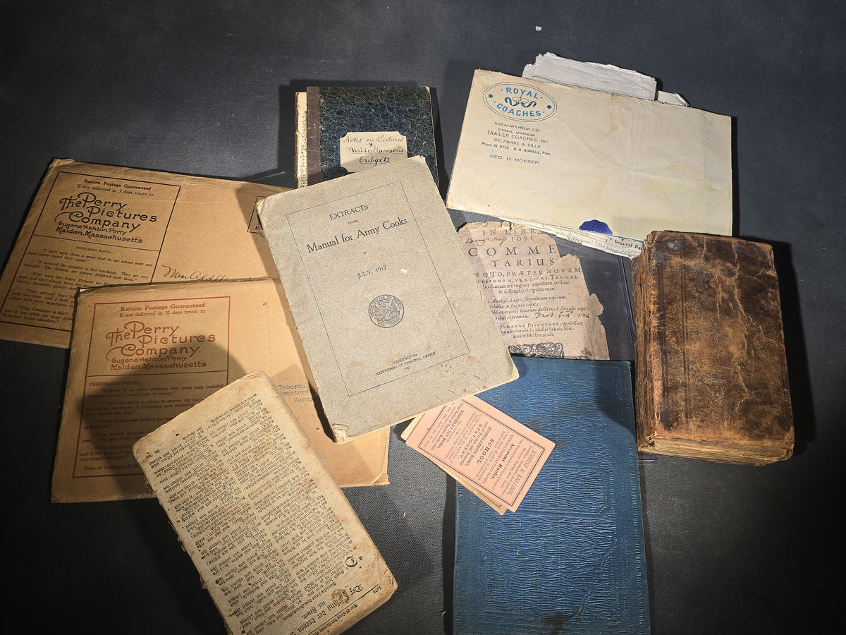Grouping of Antique and Vintage Ephemera including "Extracts from Manual for Army Cooks" 1917, Burlington Sentinel Newspapers, Handwritten Theological Lecture Notebooks, Kiggins & Kellogg Miniature Books, and Latin Commentarius