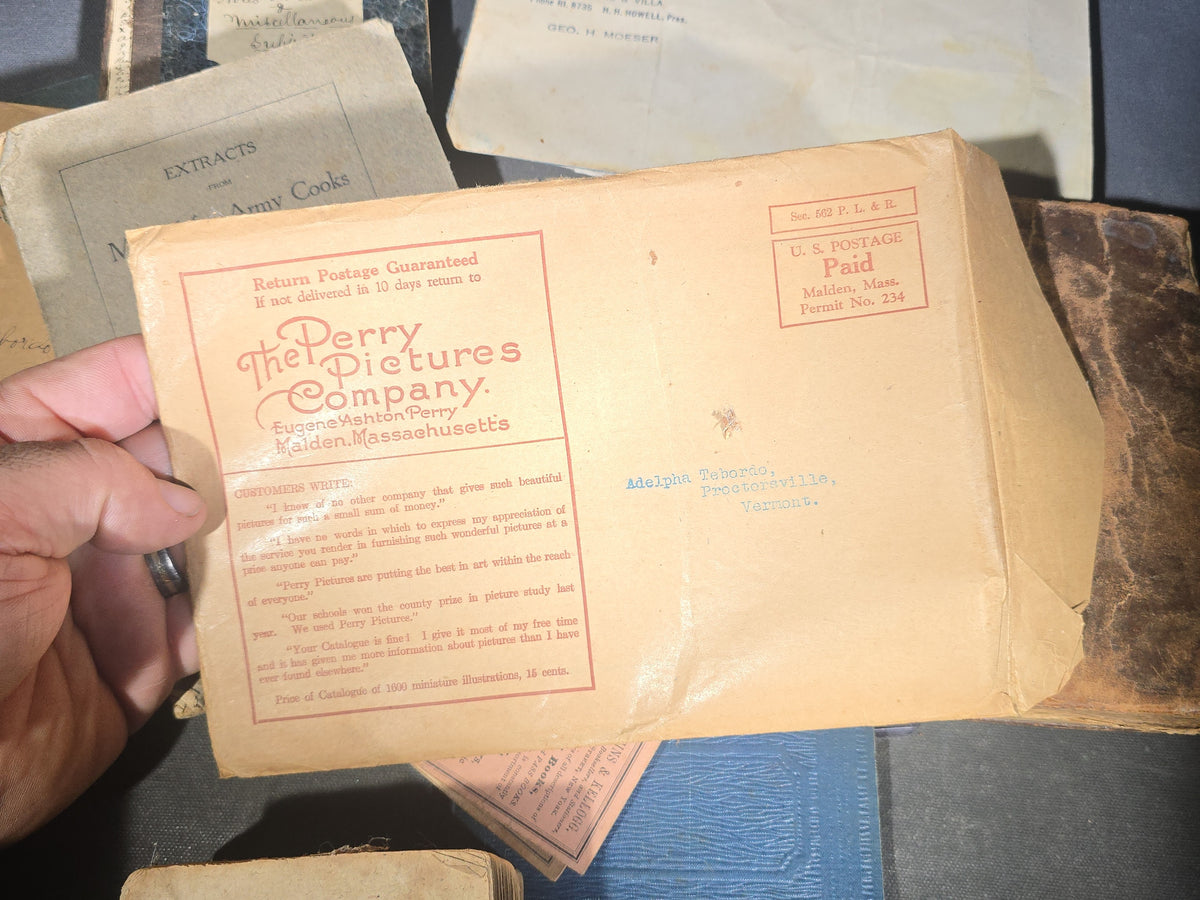 Grouping of Antique and Vintage Ephemera including "Extracts from Manual for Army Cooks" 1917, Burlington Sentinel Newspapers, Handwritten Theological Lecture Notebooks, Kiggins & Kellogg Miniature Books, and Latin Commentarius
